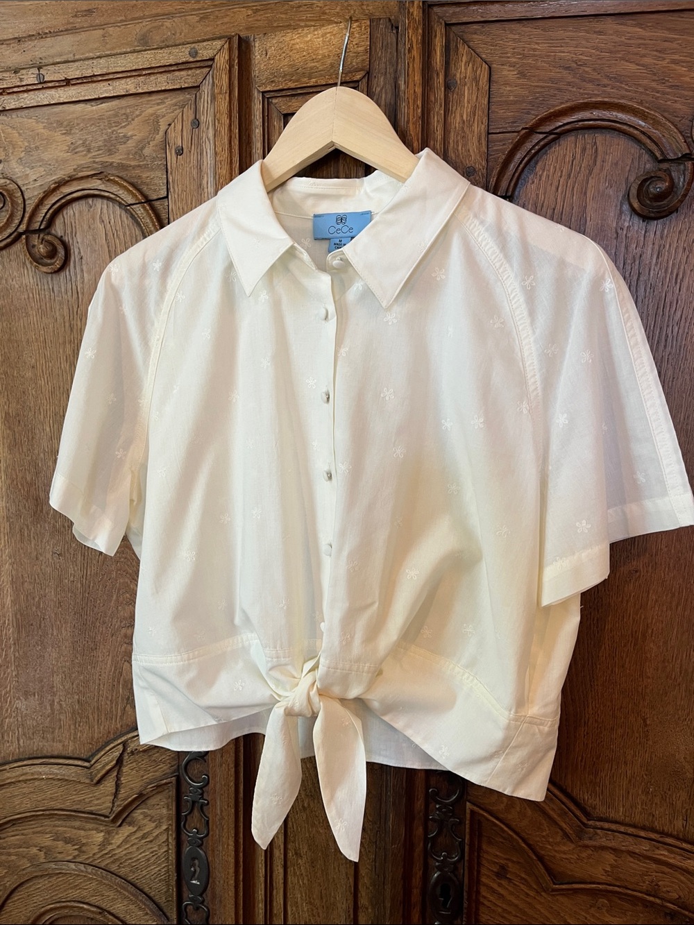 CeCe Cream Short Sleeve Button-Front Tie Shirt - Picture 2 of 8